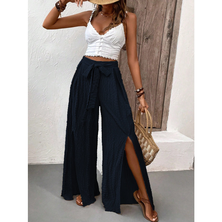 Tied Slit Wide Leg Pants Apparel and Accessories
