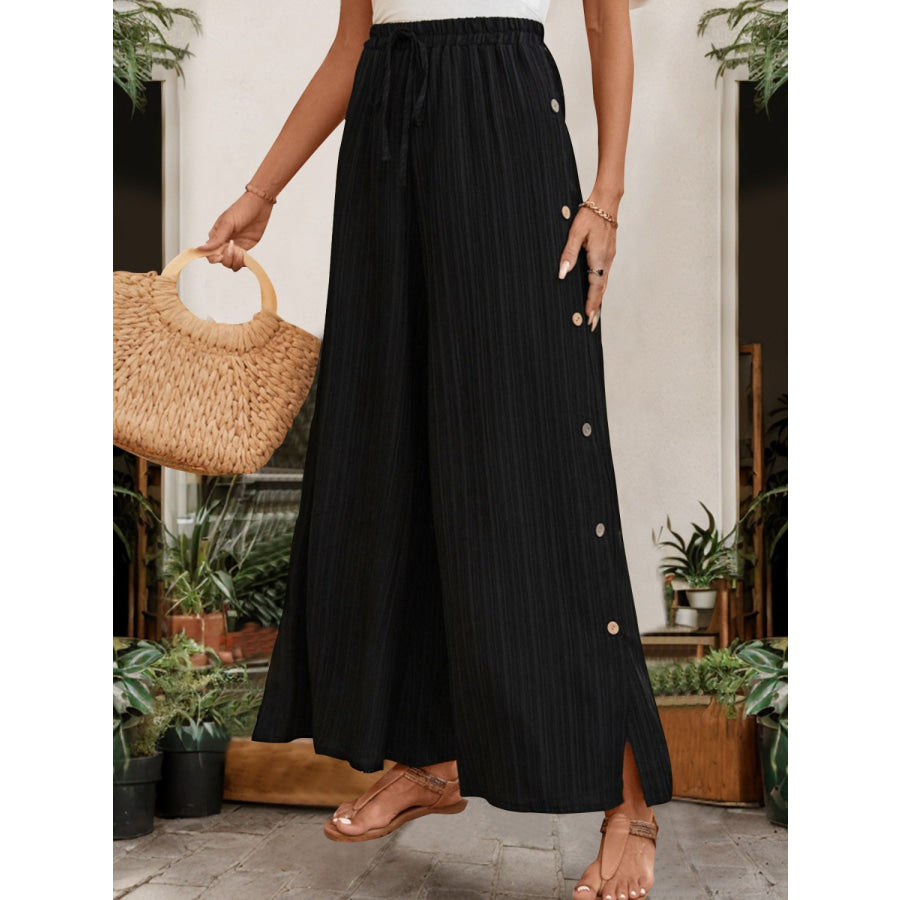 Tied Slit Wide Leg Pants Black / S Apparel and Accessories