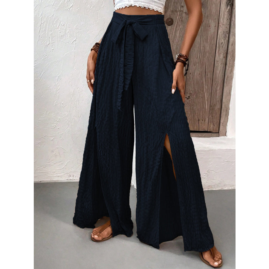 Tied Slit Wide Leg Pants Dark Navy / S Apparel and Accessories