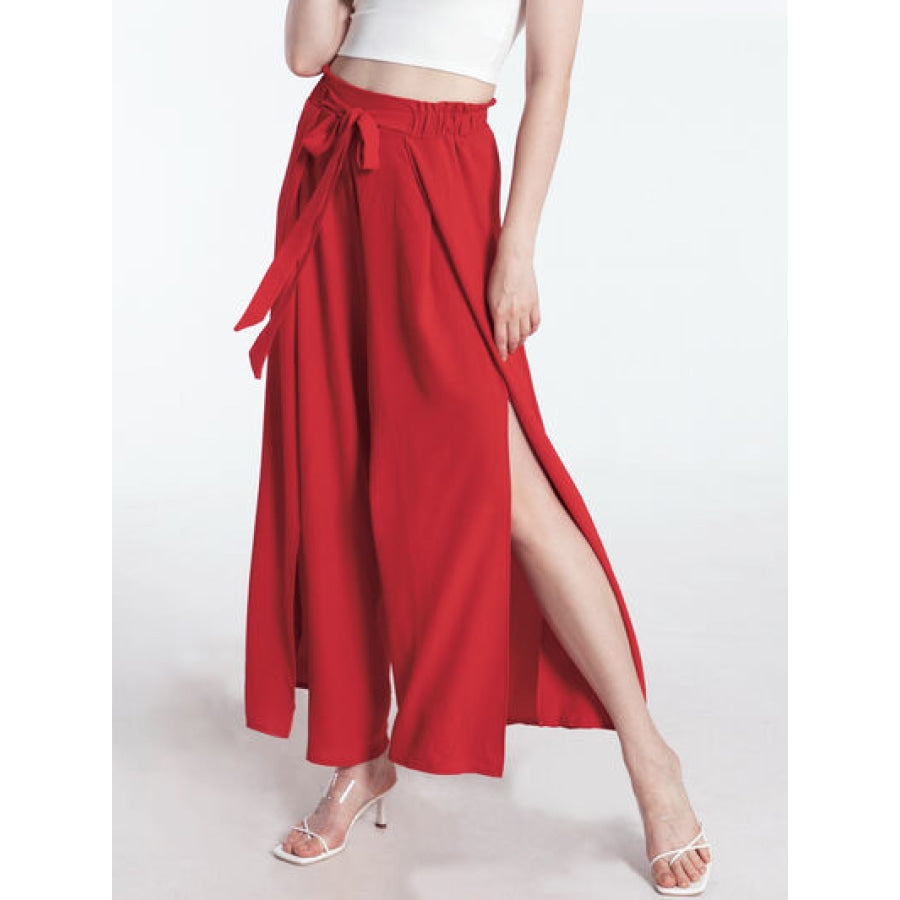 Tied Slit Wide Leg Pants Deep Red / S Apparel and Accessories