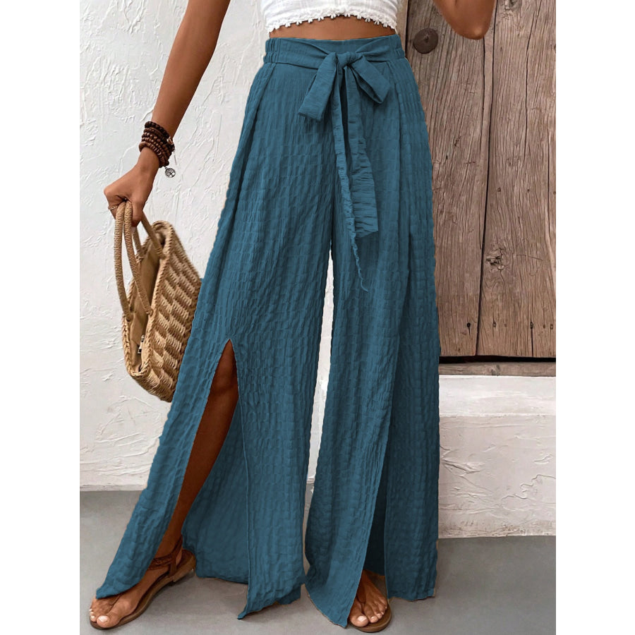 Tied Slit Wide Leg Pants French Blue / S Apparel and Accessories