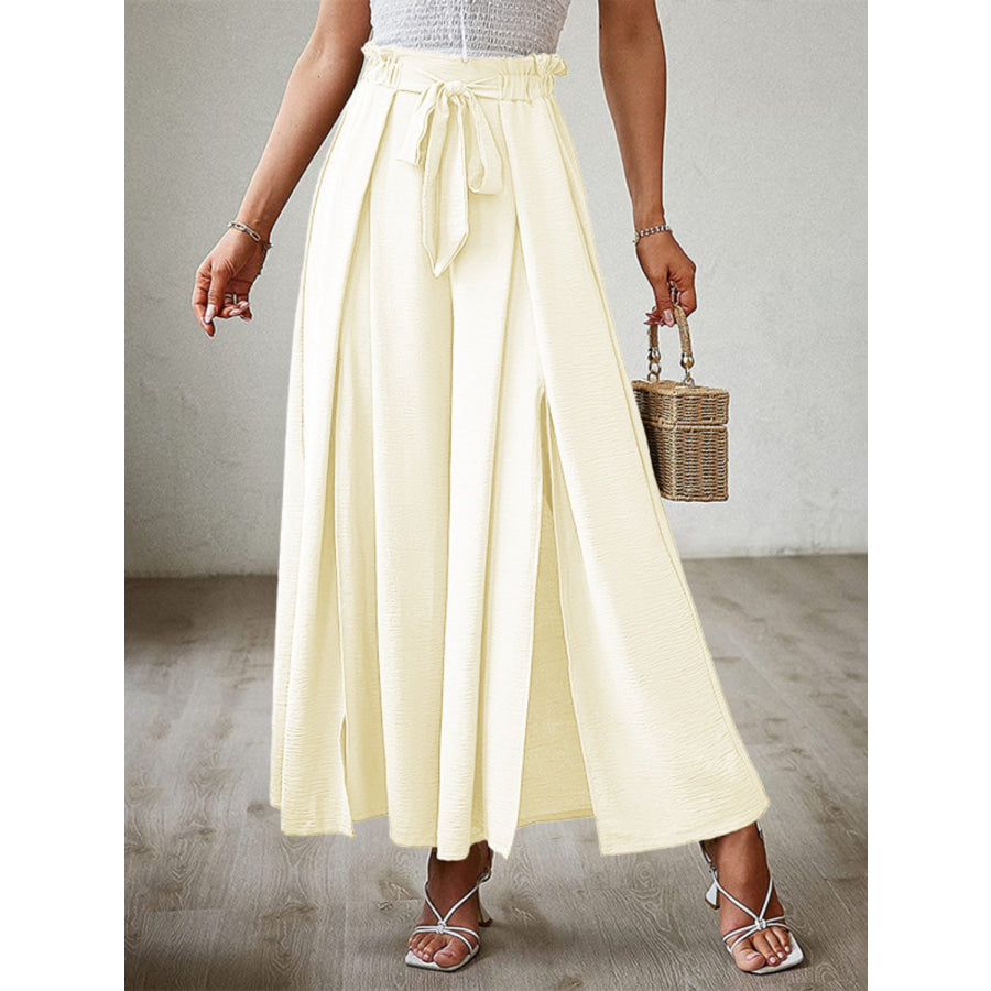 Tied Slit Wide Leg Pants Pastel Yellow / S Apparel and Accessories