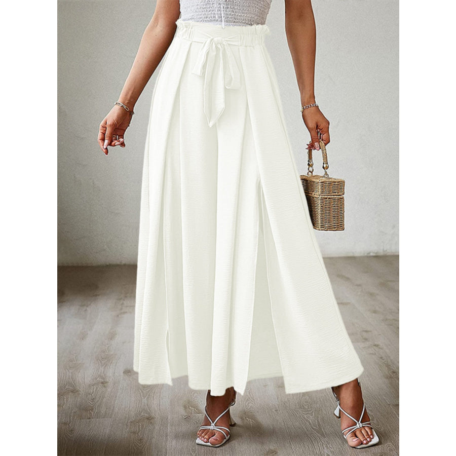 Tied Slit Wide Leg Pants White / S Apparel and Accessories