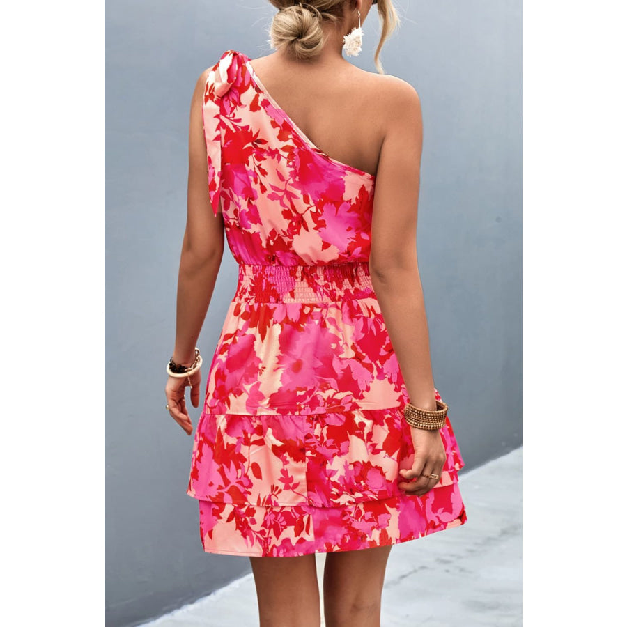 Tied Smocked Printed Single Shoulder Dress Deep Rose / S Apparel and Accessories