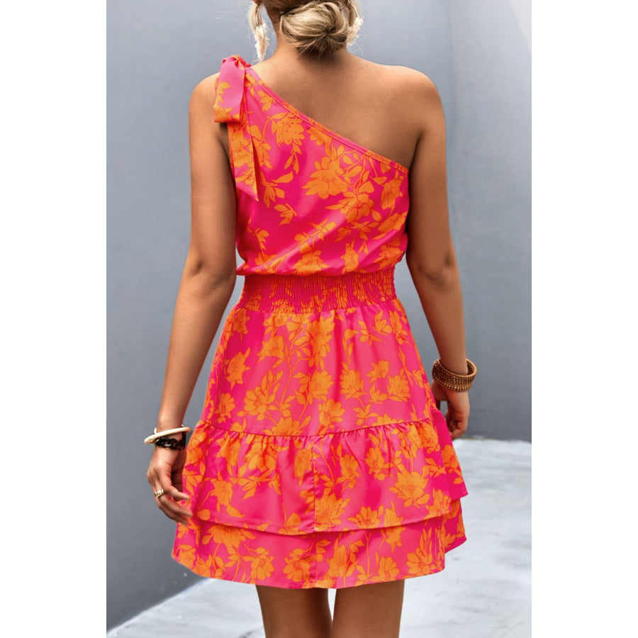 Tied Smocked Printed Single Shoulder Dress Apparel and Accessories