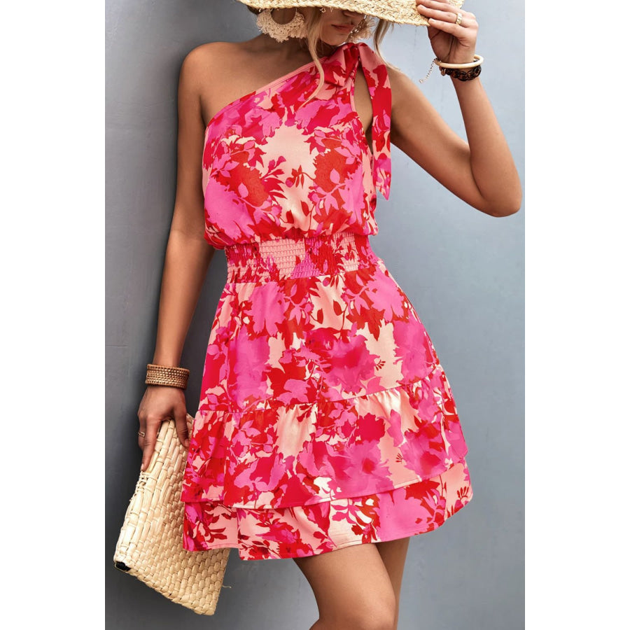 Tied Smocked Printed Single Shoulder Dress Apparel and Accessories