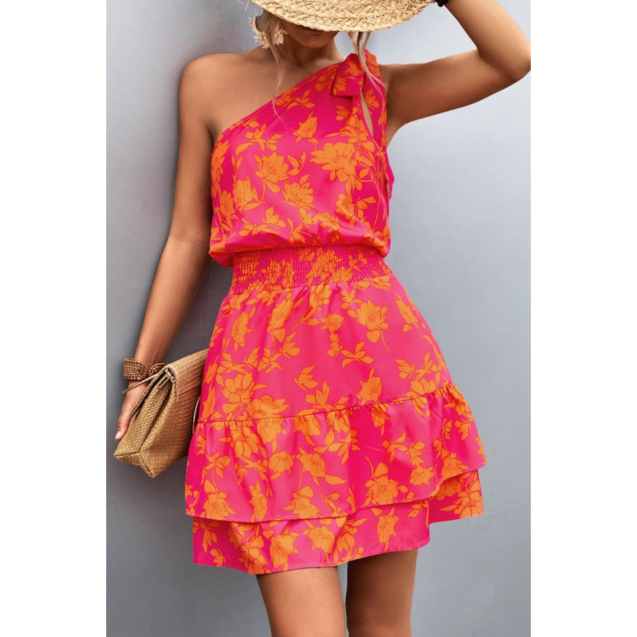 Tied Smocked Printed Single Shoulder Dress Apparel and Accessories