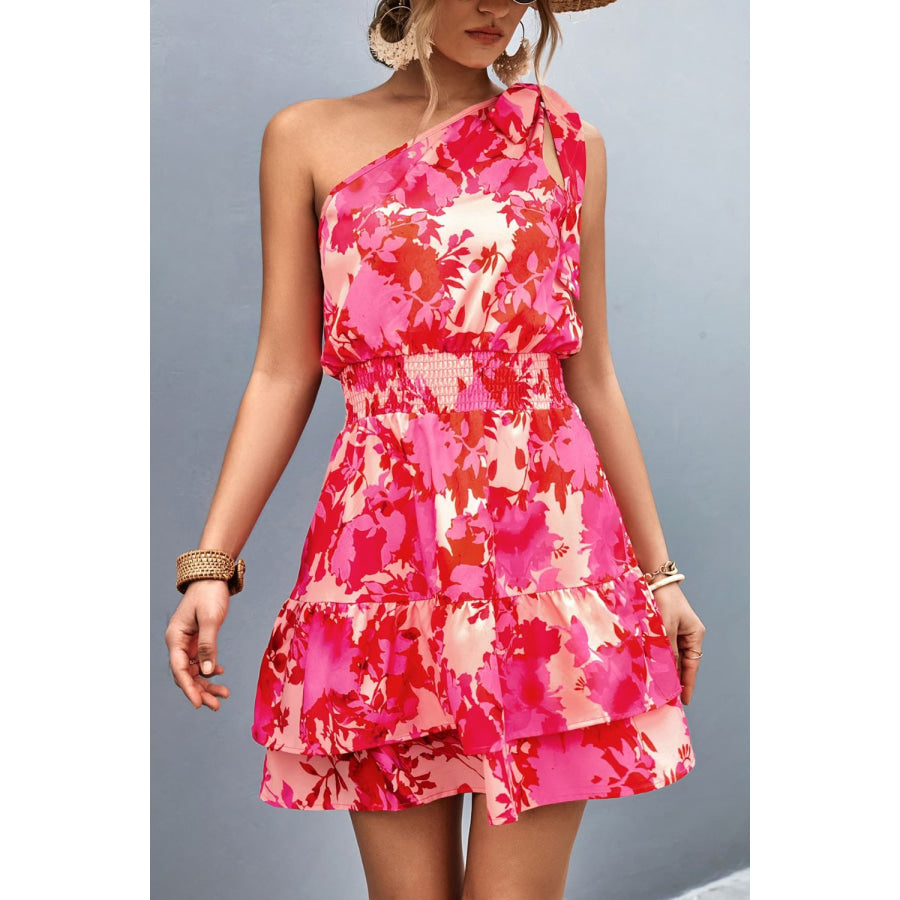 Tied Smocked Printed Single Shoulder Dress Deep Rose / S Apparel and Accessories