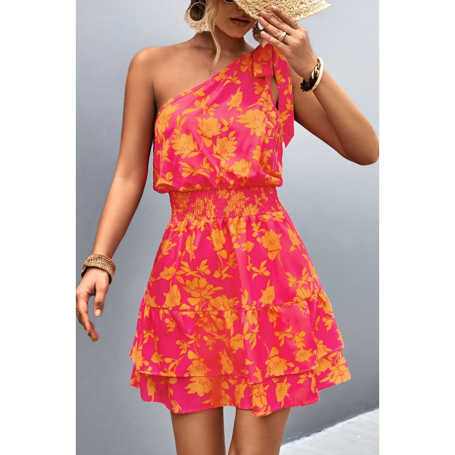 Tied Smocked Printed Single Shoulder Dress Red Orange / S Apparel and Accessories