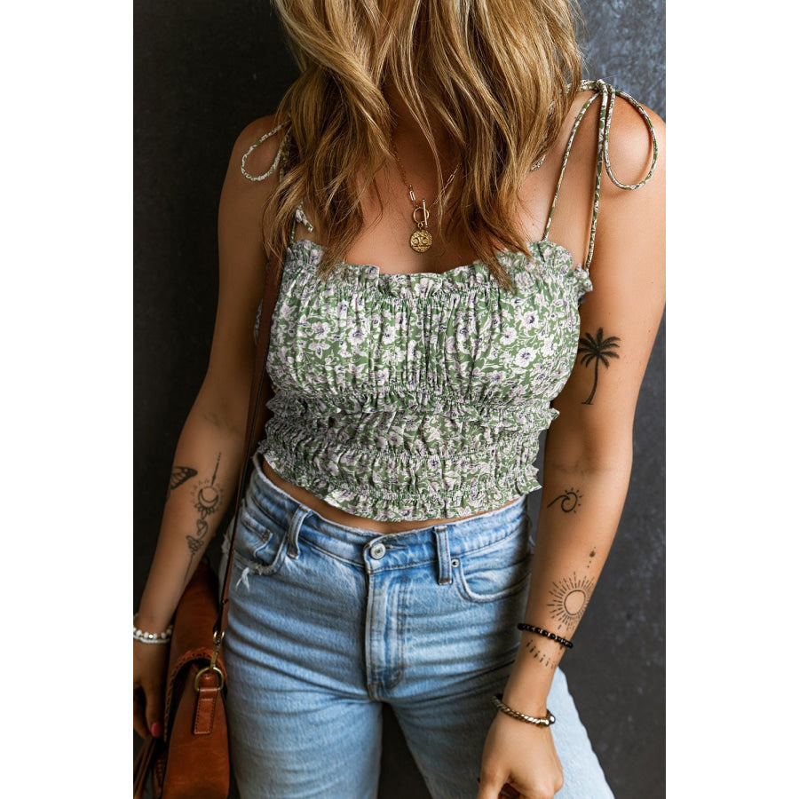 Tied Smocked Printed Square Neck Cami Apparel and Accessories