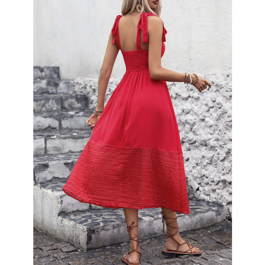 Tied Smocked Sleeveless Midi Dress Scarlet / S Apparel and Accessories