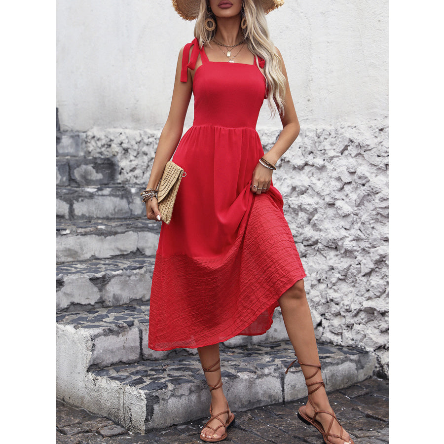 Tied Smocked Sleeveless Midi Dress Apparel and Accessories