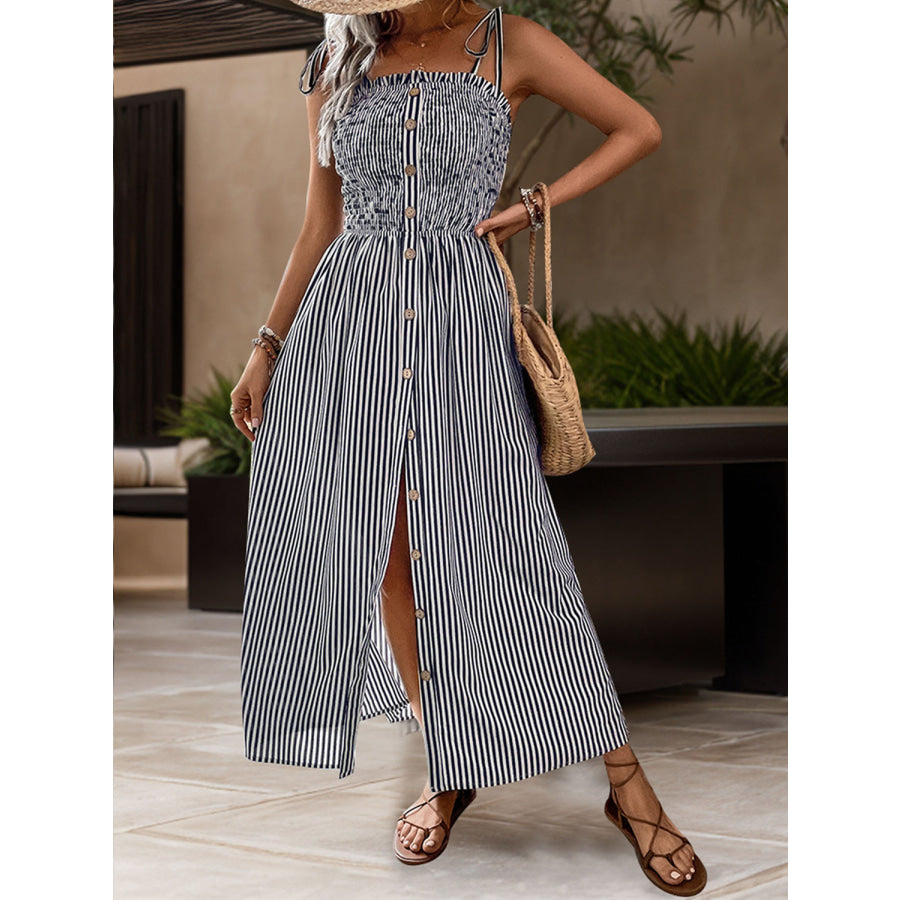 Tied Smocked Striped Sleeveless Midi Dress Apparel and Accessories