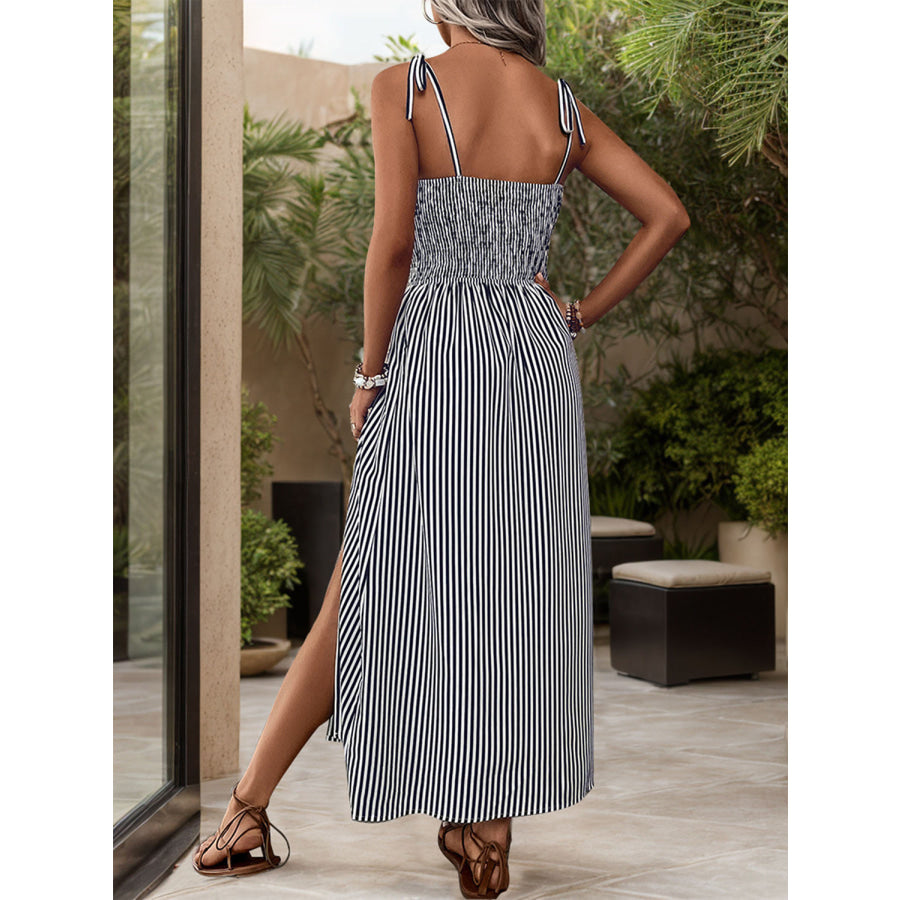 Tied Smocked Striped Sleeveless Midi Dress Apparel and Accessories