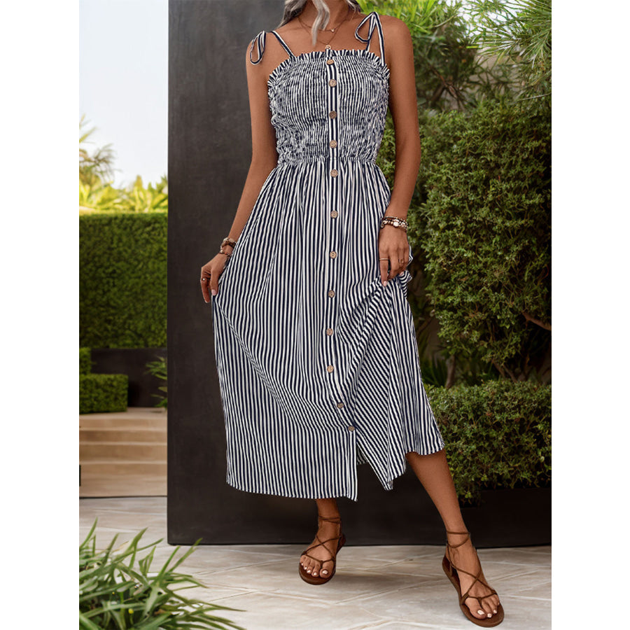 Tied Smocked Striped Sleeveless Midi Dress Apparel and Accessories