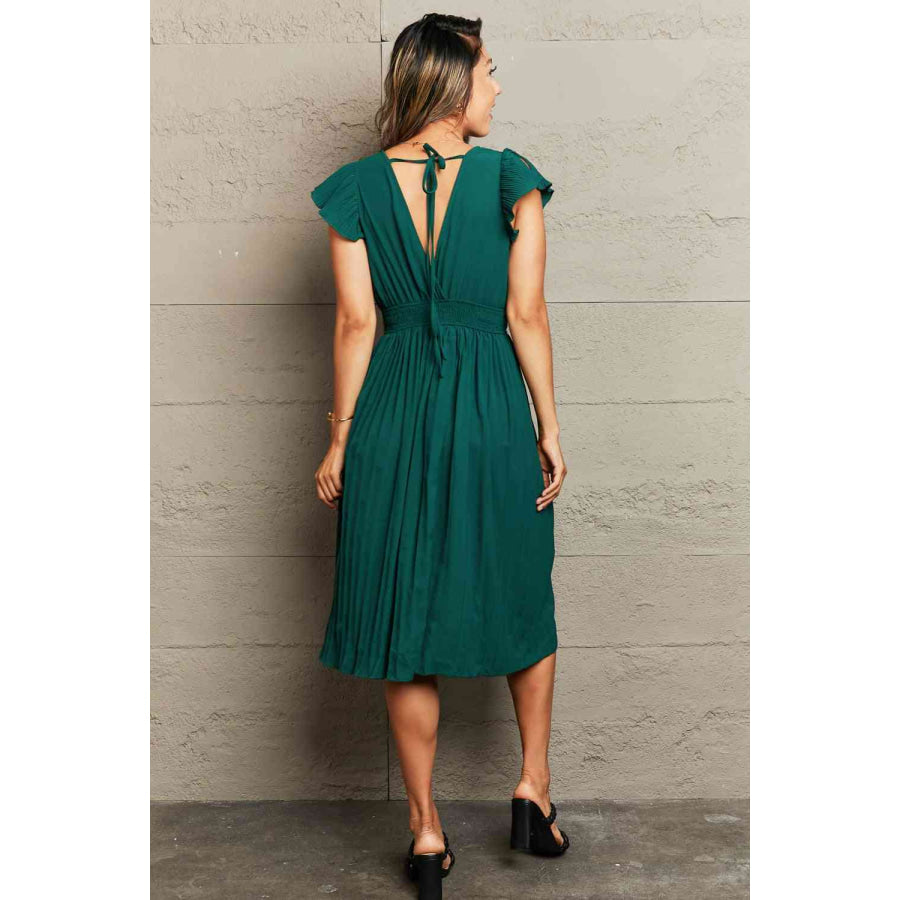 Tied Smocked Waist Flutter Sleeve Dress Green / S Apparel and Accessories