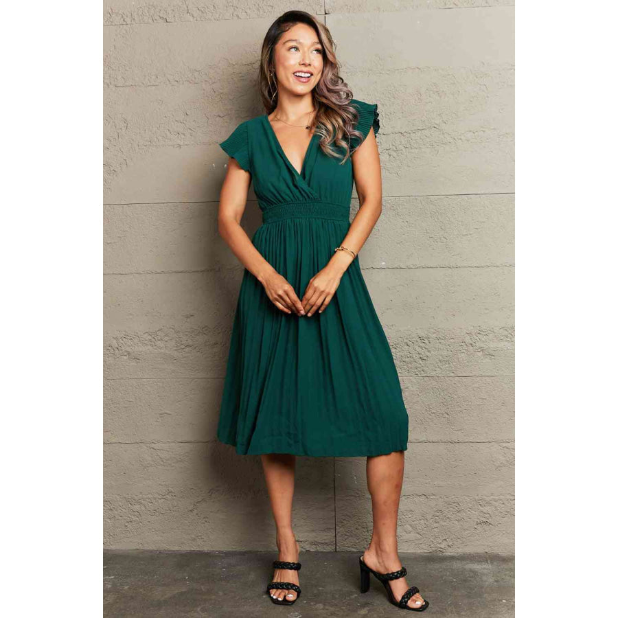 Tied Smocked Waist Flutter Sleeve Dress Green / S Apparel and Accessories