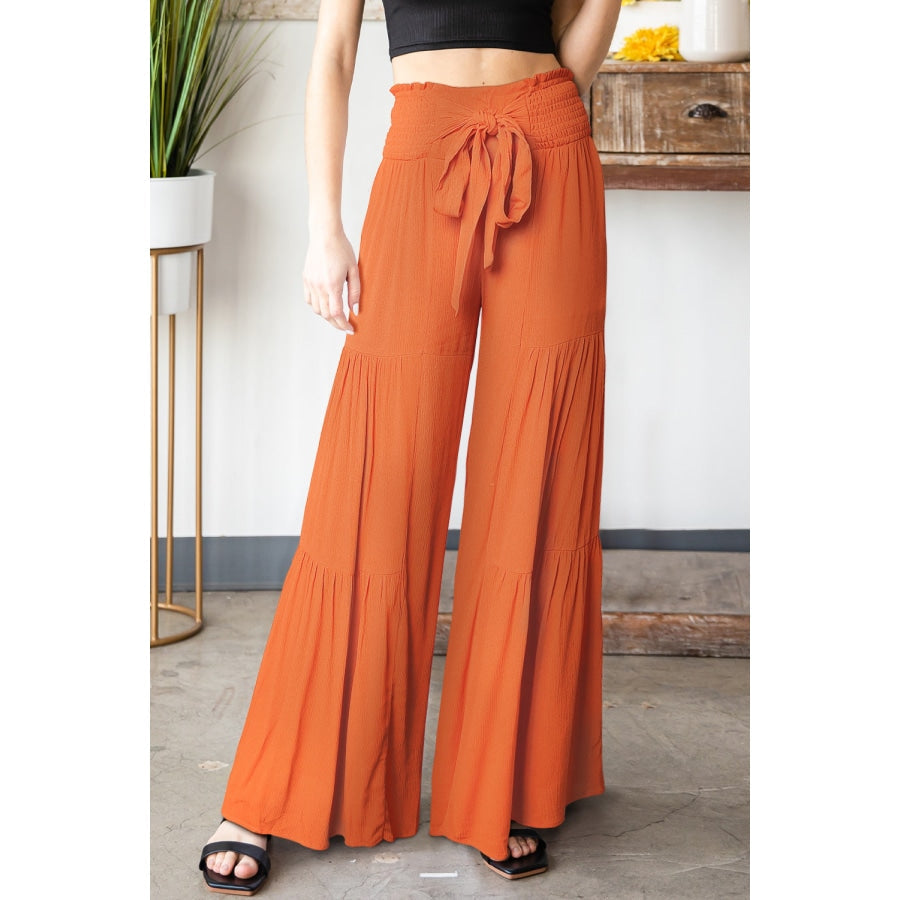 Tied Smocked Waist Tiered Culottes Tangerine / S