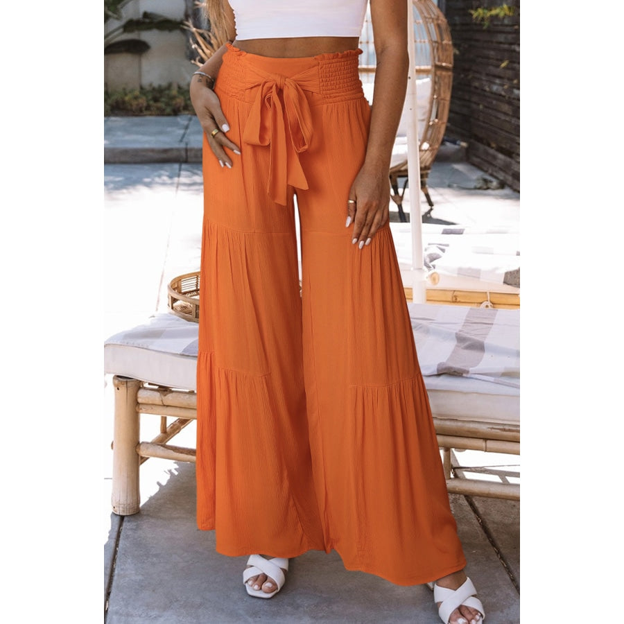 Tied Smocked Waist Tiered Culottes