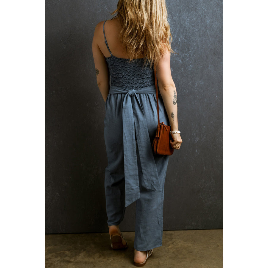 Tied Smocked Wide Leg Jumpsuit Apparel and Accessories