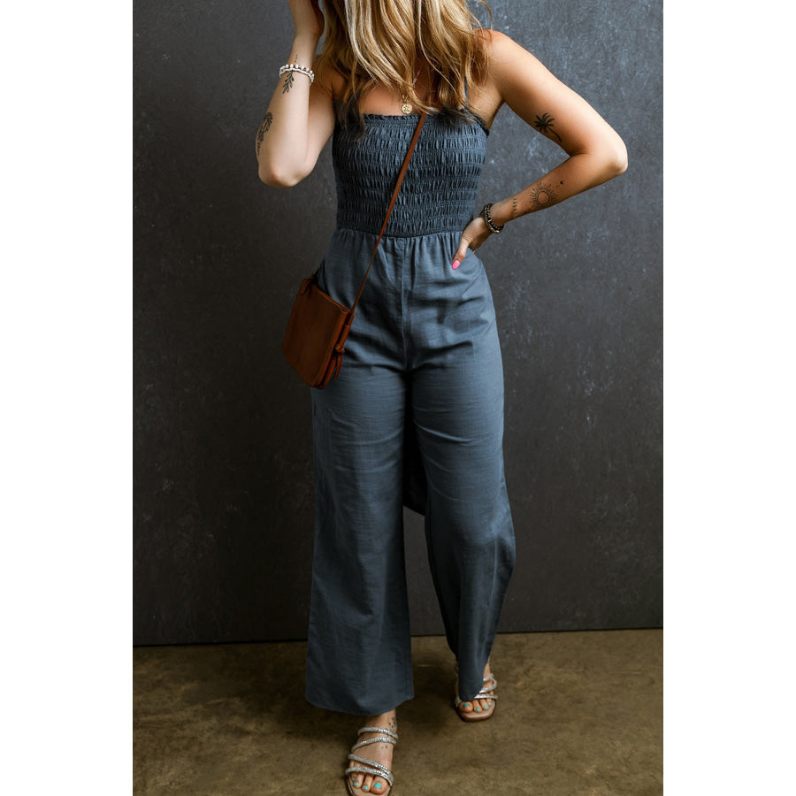 Tied Smocked Wide Leg Jumpsuit Apparel and Accessories