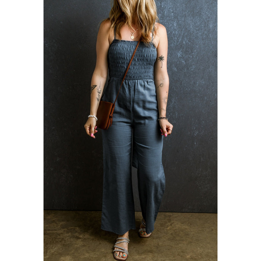 Tied Smocked Wide Leg Jumpsuit French Blue / S Apparel and Accessories