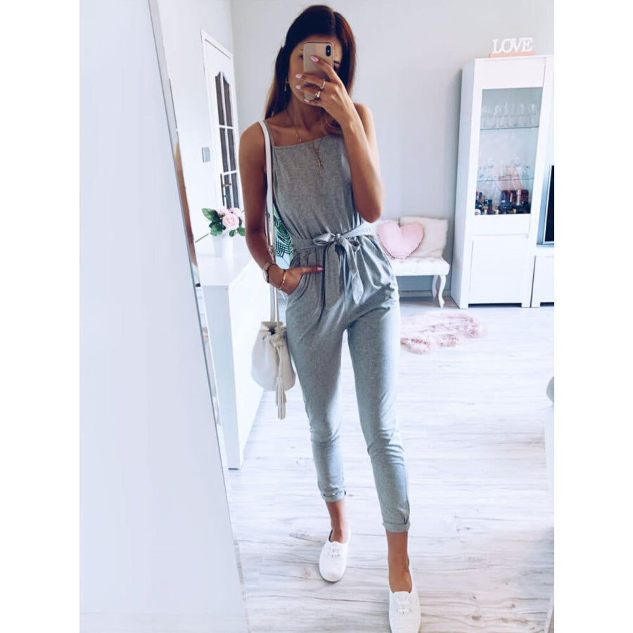 Tied Spaghetti Strap Square Neck Jumpsuit Gray / S Apparel and Accessories