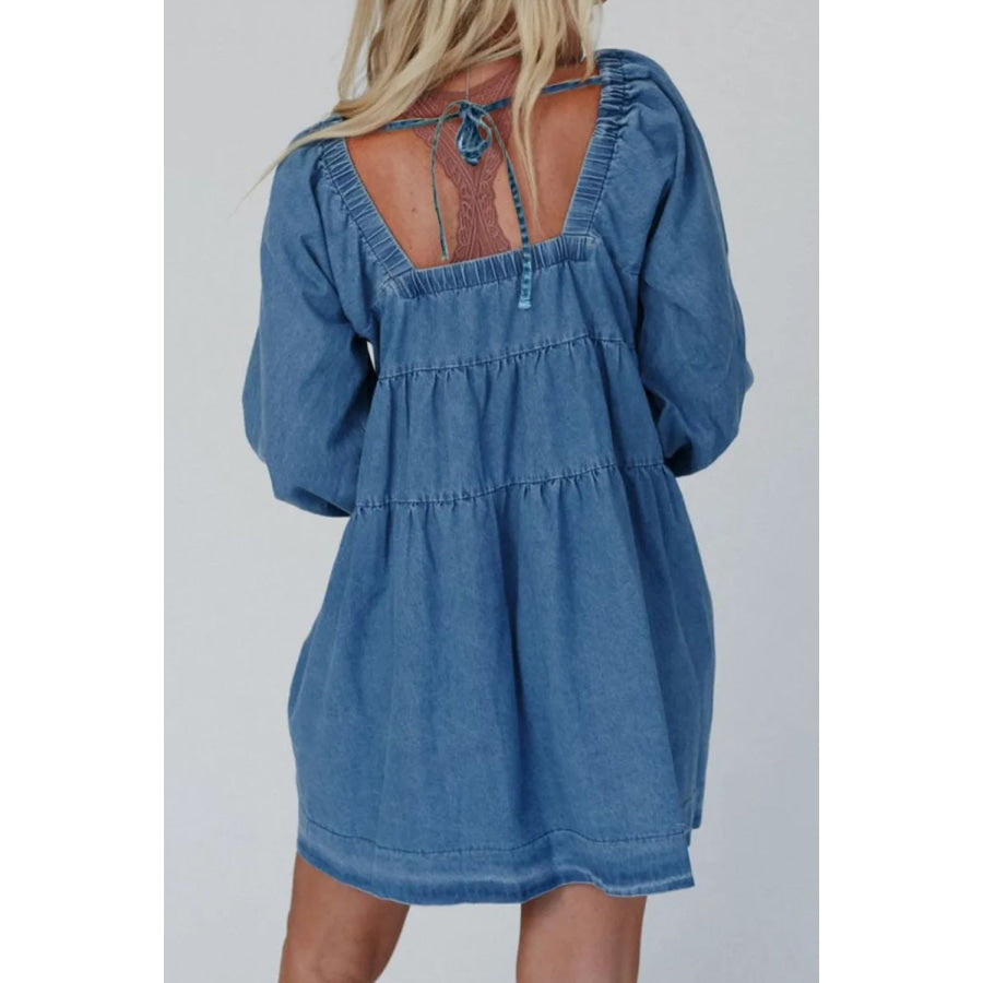 Tied Square Neck Long Sleeve Denim Dress with Pockets Apparel and Accessories