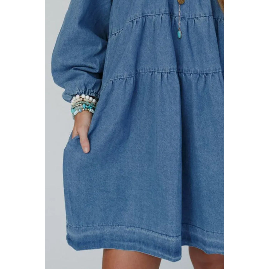 Tied Square Neck Long Sleeve Denim Dress with Pockets Apparel and Accessories