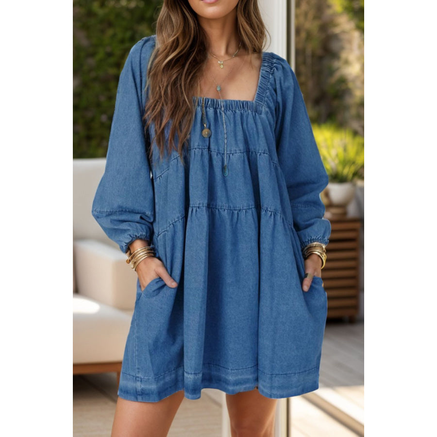 Tied Square Neck Long Sleeve Denim Dress with Pockets Medium / S Apparel and Accessories