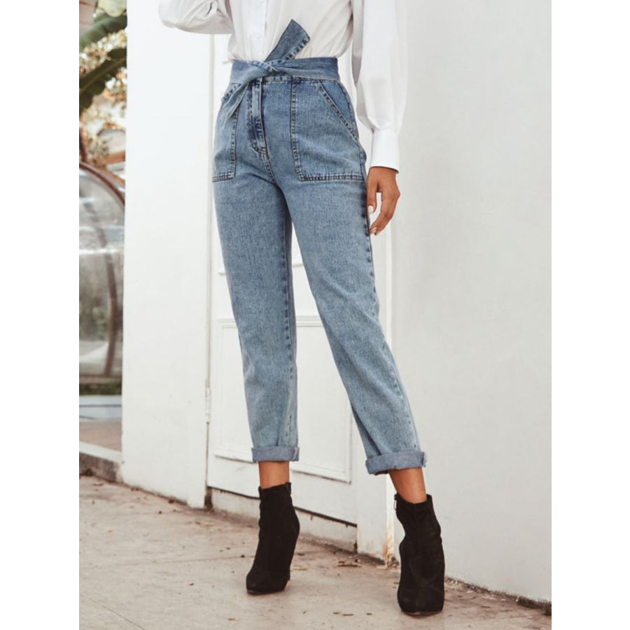 Tied Straight Leg Jeans with Pockets Apparel and Accessories