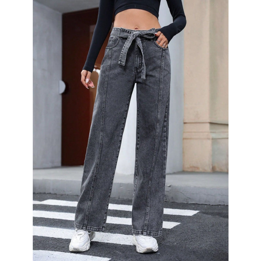 Tied Straight Leg Jeans with Pockets Dark Gray / XS Apparel and Accessories