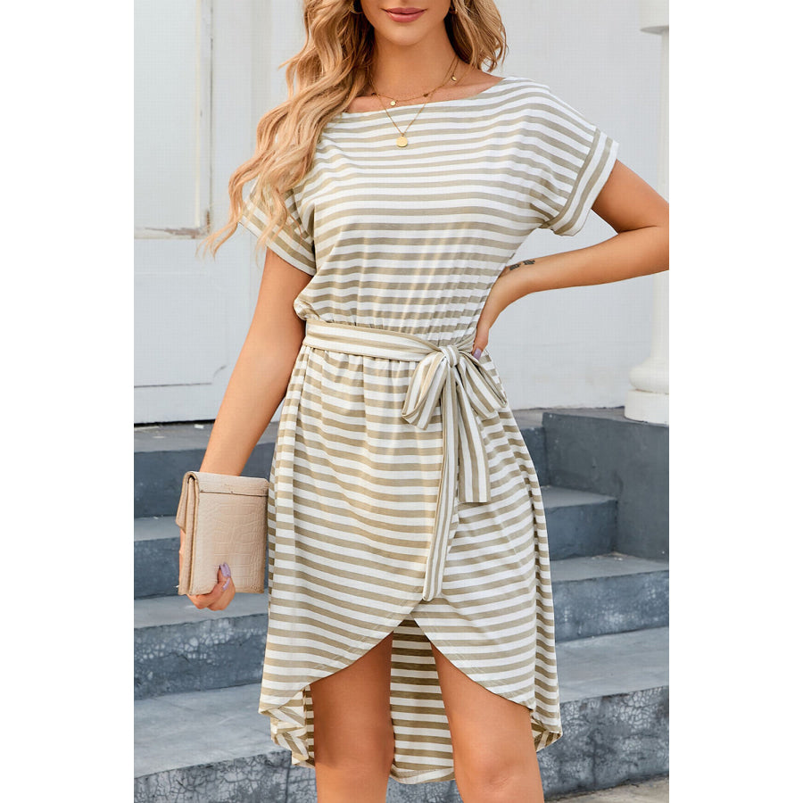 Tied Striped Cap Sleeve Dress Stripe / S Apparel and Accessories