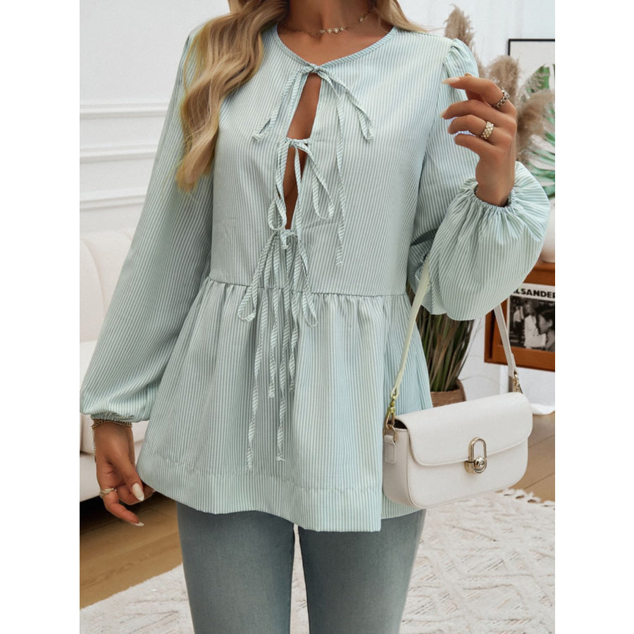 Tied Striped Long Sleeve Blouse Apparel and Accessories