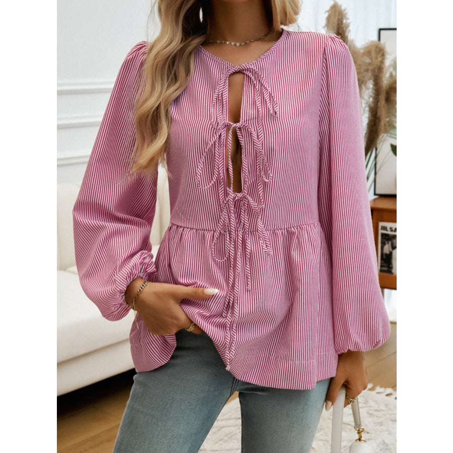 Tied Striped Long Sleeve Blouse Apparel and Accessories