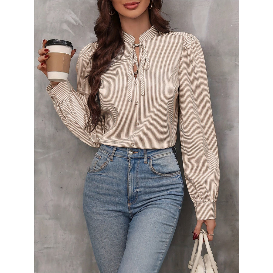 Tied Striped Long Sleeve Blouse Apparel and Accessories