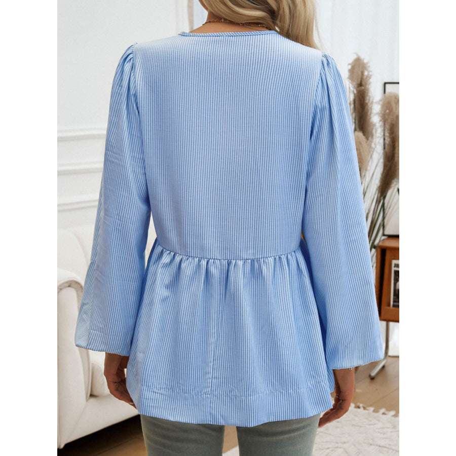 Tied Striped Long Sleeve Blouse Sky Blue / S Apparel and Accessories