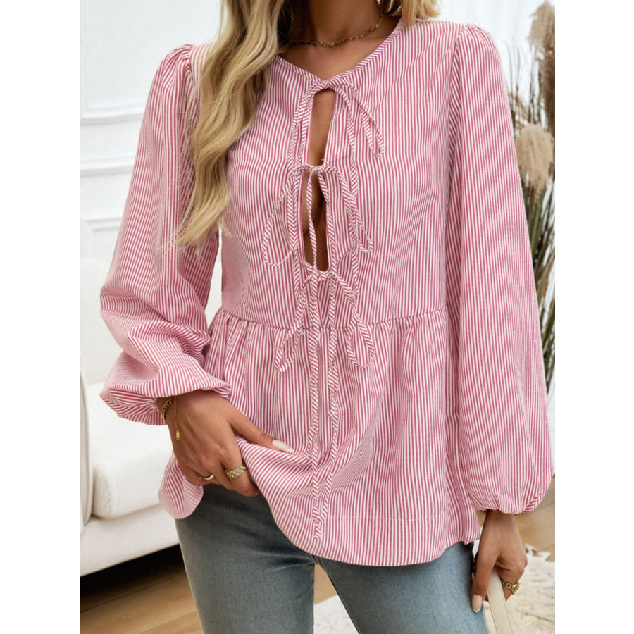 Tied Striped Long Sleeve Blouse Dusty Pink / S Apparel and Accessories