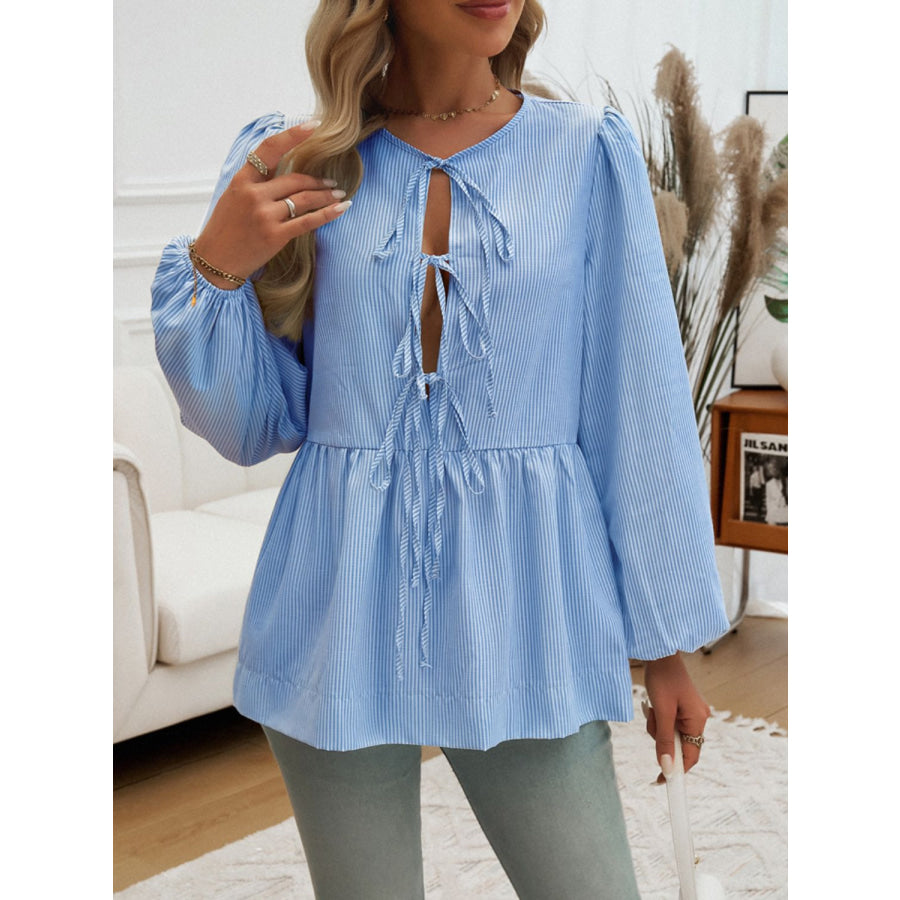 Tied Striped Long Sleeve Blouse Sky Blue / S Apparel and Accessories