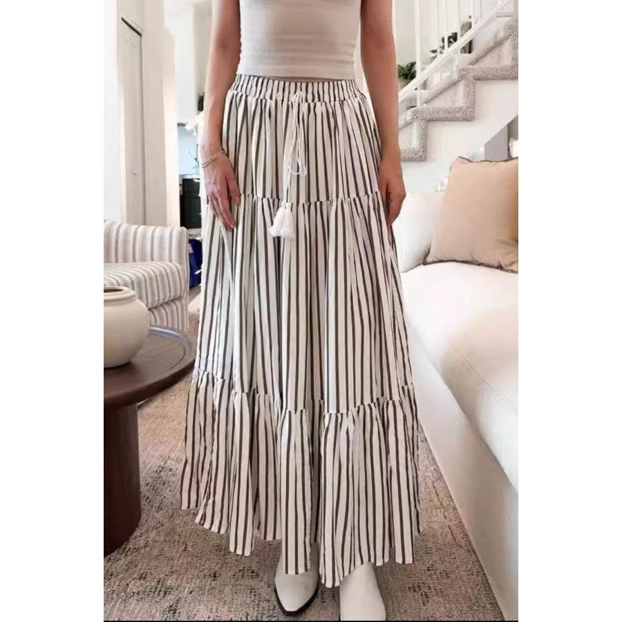 Tied Striped Maxi Skirt Beige / S Apparel and Accessories