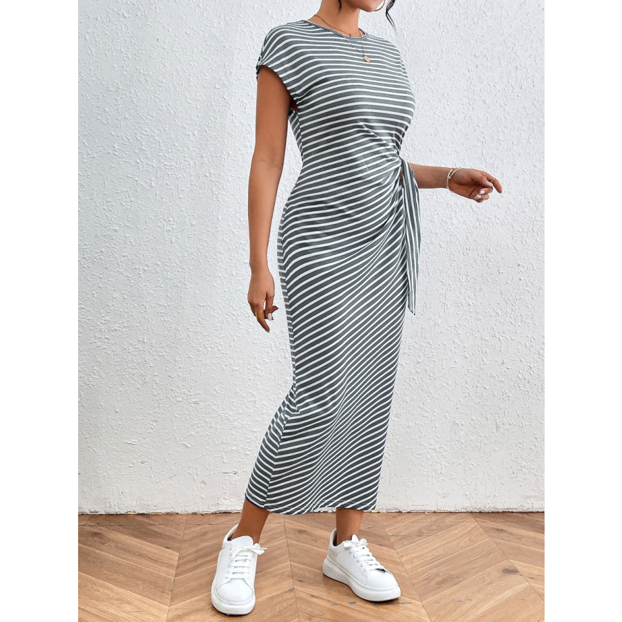 Tied Striped Round Neck Short Sleeve Tee Dress Apparel and Accessories