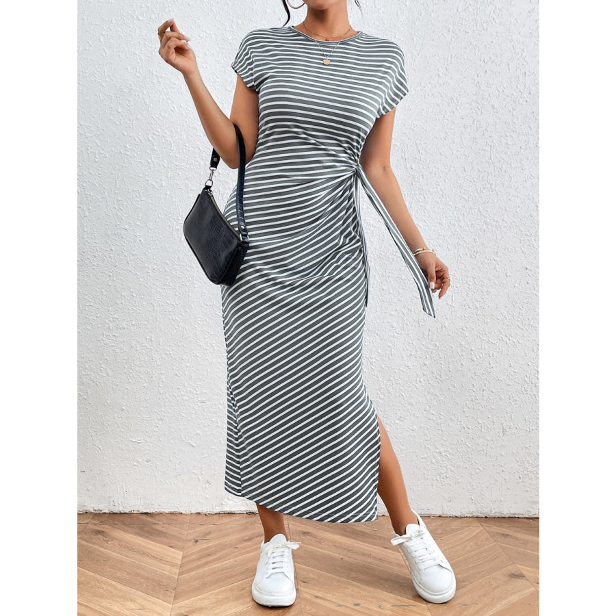 Tied Striped Round Neck Short Sleeve Tee Dress Apparel and Accessories