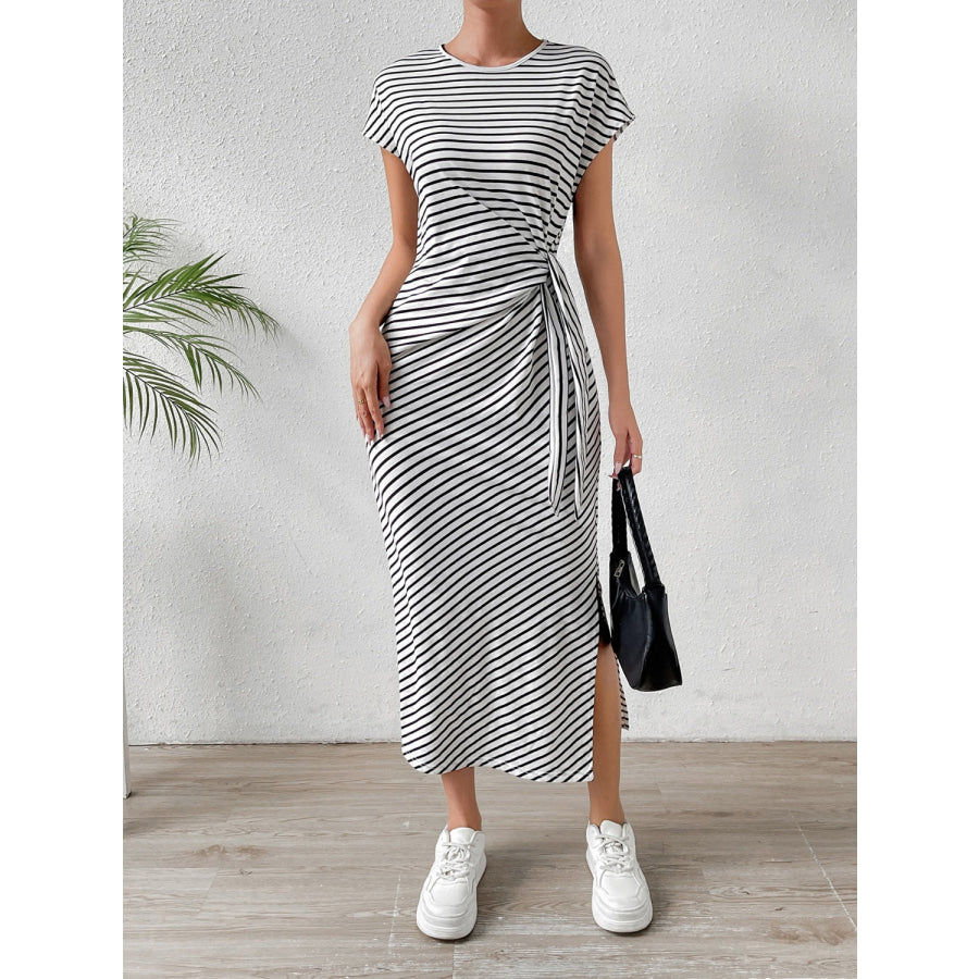Tied Striped Round Neck Short Sleeve Tee Dress Apparel and Accessories
