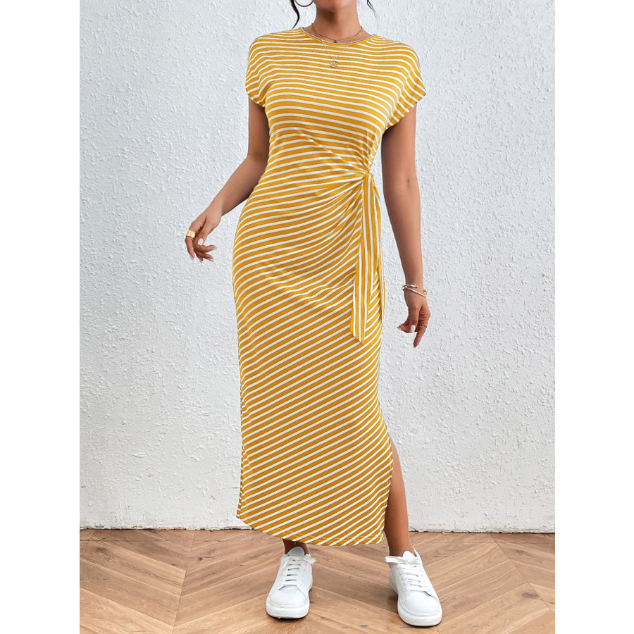 Tied Striped Round Neck Short Sleeve Tee Dress Apparel and Accessories