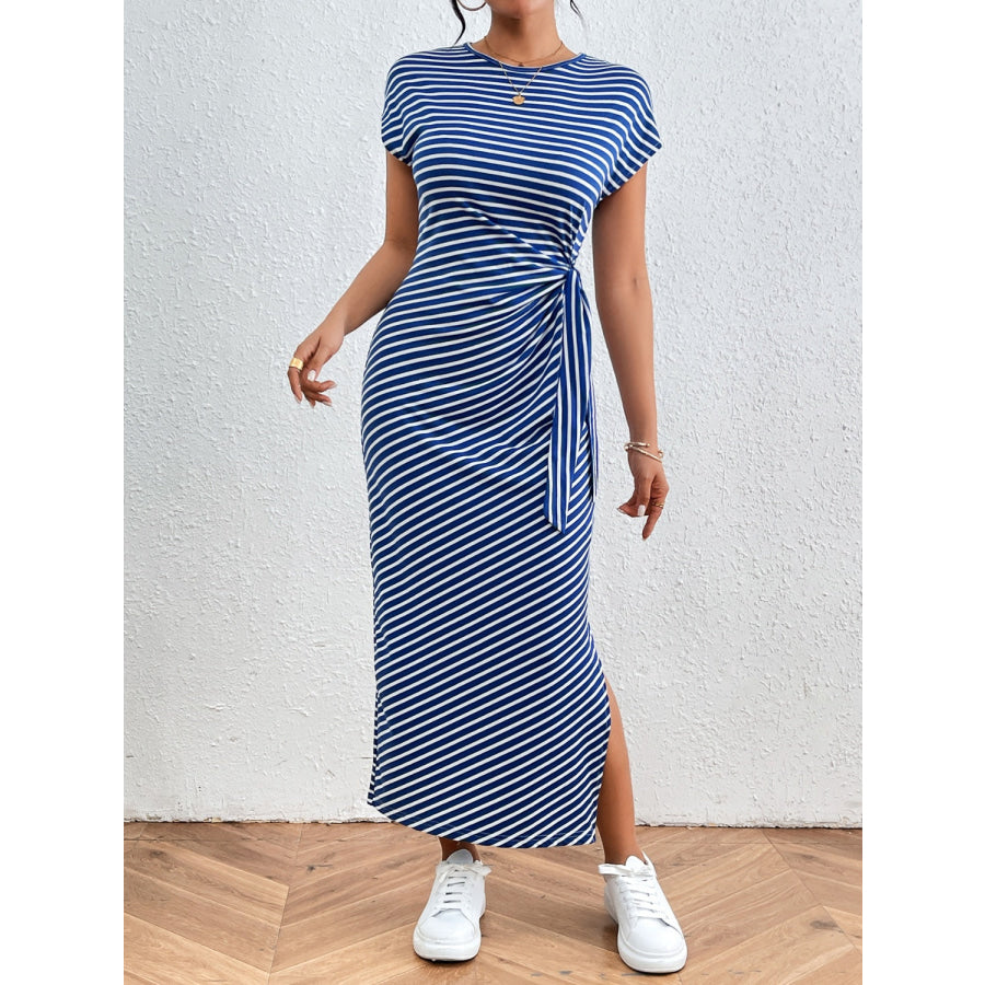 Tied Striped Round Neck Short Sleeve Tee Dress Apparel and Accessories