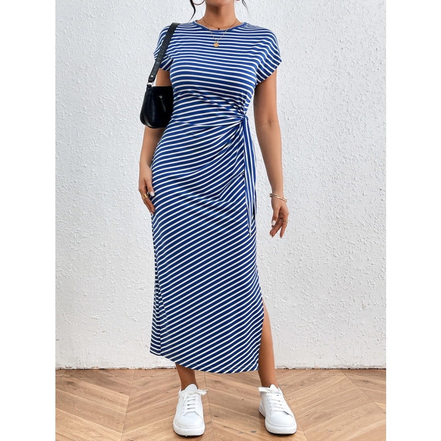 Tied Striped Round Neck Short Sleeve Tee Dress Apparel and Accessories