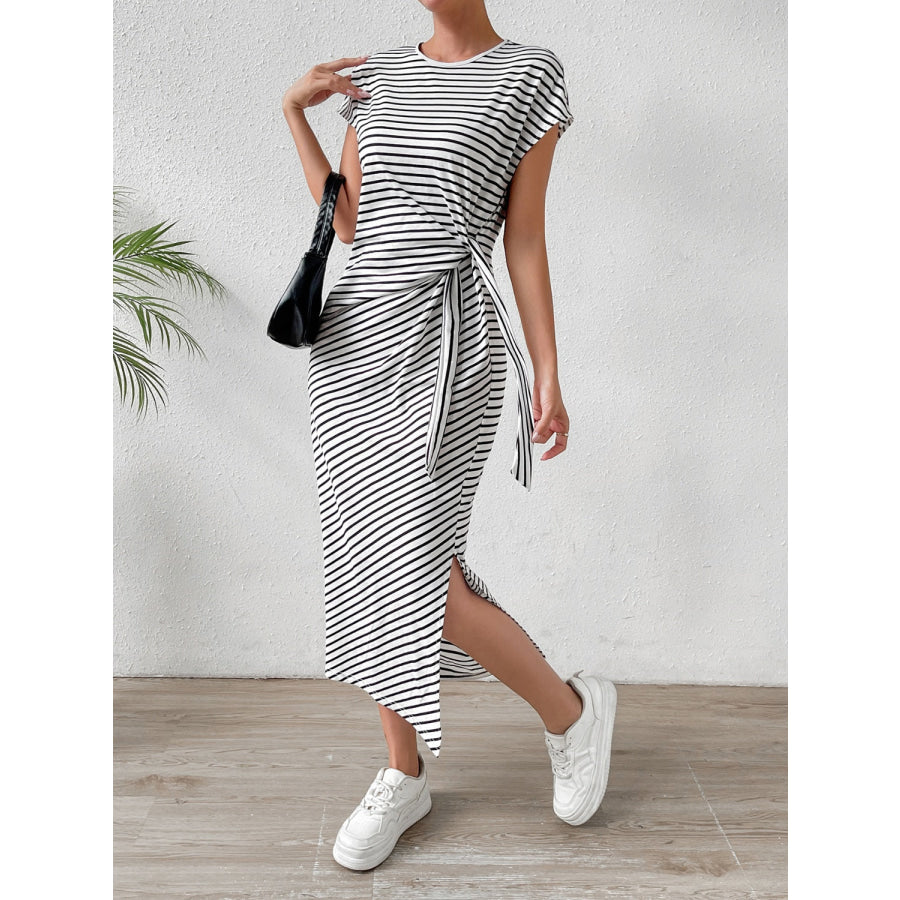 Tied Striped Round Neck Short Sleeve Tee Dress Apparel and Accessories