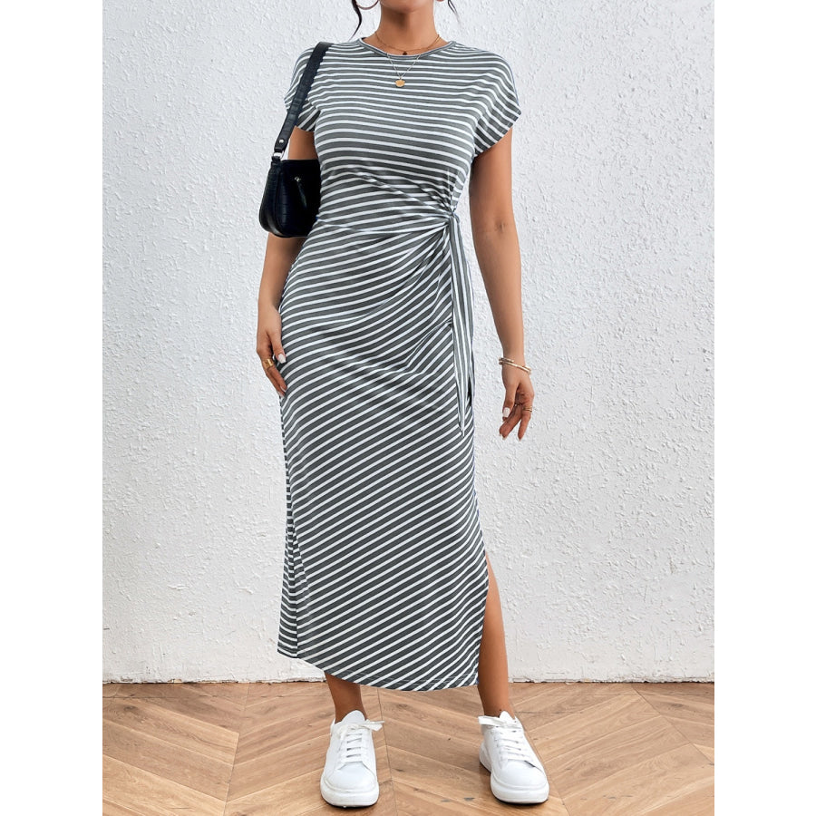 Tied Striped Round Neck Short Sleeve Tee Dress Apparel and Accessories