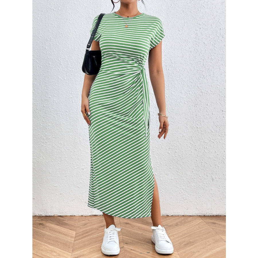 Tied Striped Round Neck Short Sleeve Tee Dress Apparel and Accessories