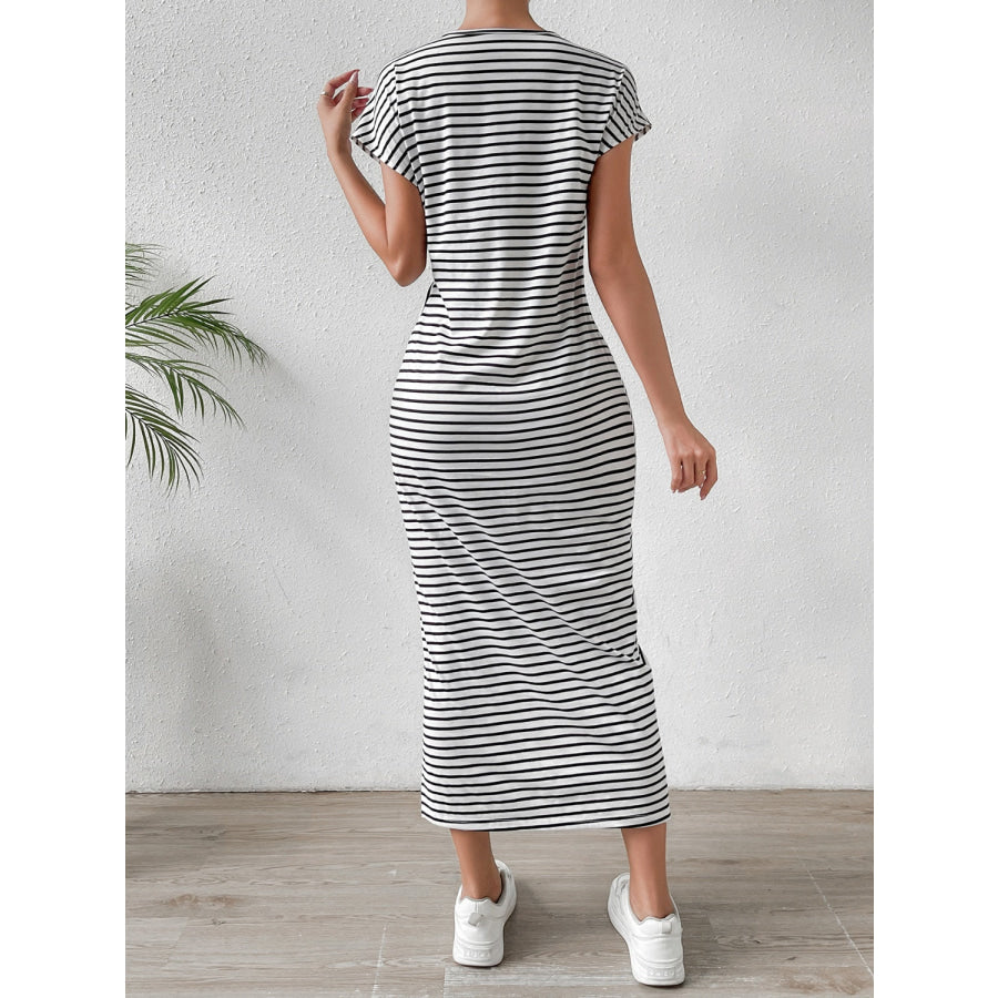 Tied Striped Round Neck Short Sleeve Tee Dress Black / S Apparel and Accessories